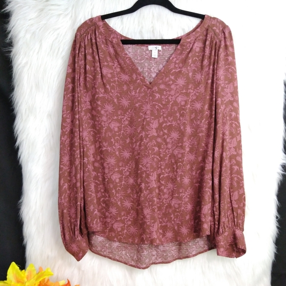 Hinge Brown and Pink Floral Pattern V Neck Long Sleeve Blouse Size 1 - Picture 4 of 10